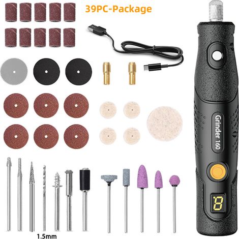 Mini meuleuse électrique portable de type stylo, machine à meuler électrique pour perles, poinçonnage, perçage, sculpture, découpe et polissage (modèle rechargeable [5 vitesses] 39 pièces) (1/5)