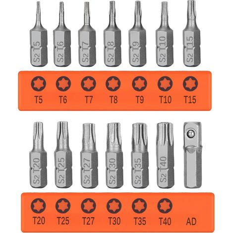 Lot de 14 embouts de tournevis Torx T5-T40 avec trou, tige hexagonale 1/4" en acier S2 magnétique, assortiment d'embouts Torx Tamper Proof Security Bits avec fente (longueur 25 mm) (1/5)