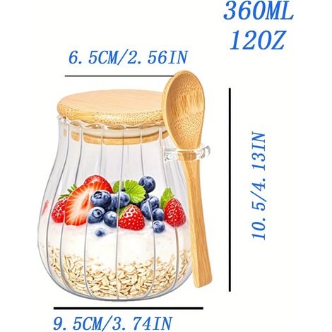 (1 bouteille - 360 ml) Récipient en verre borosilicate rayé, bocal de conservation, pot à flocons d'avoine pour la nuit. (1/5)