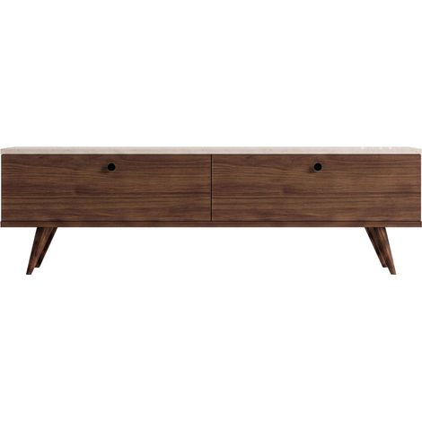 Meuble TV 2 portes plateau effet travertin et bois L160cm - Bois foncé - Yara (1/5)