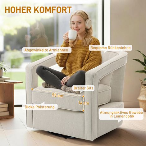 Fauteuil pivotant 360° inclinable avec dossier et accoudoirs monoblocs, 77x75x72 cm, beige (1/4)