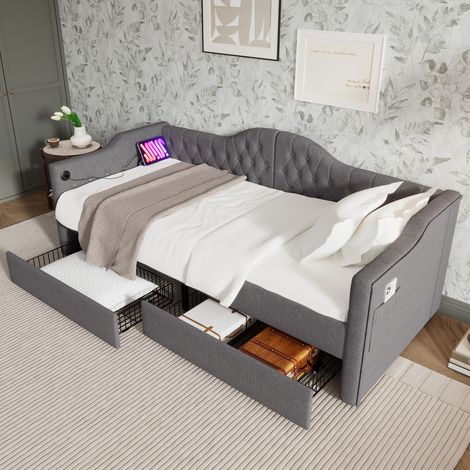 Bett mit Stauraum Leinenstoff Grau 90x200 cm, mit USB-/Type-C-Anschluss und 2 Schubladen