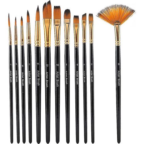 Ensemble de 12 pinceaux à manche en bois noir et poils en nylon pour peinture, aquarelle et loisirs créatifs (1/4)