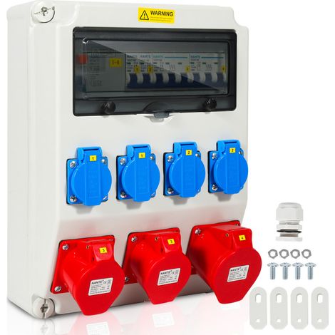 Randaco Site Box Distributore da parete con magnetotermico e FI, distributore elettrico da cantiere a 5 poli con 4 prese Schuko e presa CEE 16/32 A per interni ed esterni