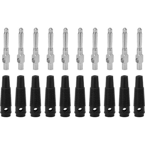 Lot de 10 fiches bananes en cuivre 7 broches de 4 mm, 1000 V 32 A, empilables, avec gaine souple et capuchon à vis, noires. (1/4)