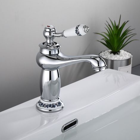 Robinet de salle de Bain Rétro, Mitigeur Victorien de Luxe avec Poignée Céramique, Robinets de Lavabo pour Salle de Bain Avec Flexibles, Mitigeur Chaud et Froid, Laiton, Chromé (1/5)