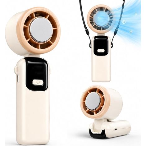Ventilatore portatile ricaricabile tramite USB, pieghevole, con funzione turbo raffreddamento, ideale per il collo, con 199 velocità e display a LED, disponibile nei colori bianco e beige. (1/5)