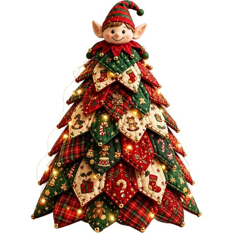 Kit sapin de Noël matelassé à faire soi-même DOWMOO avec perles lumineuses LED - Décoration de bureau en tissu polyester résistant - Lutin de Noël