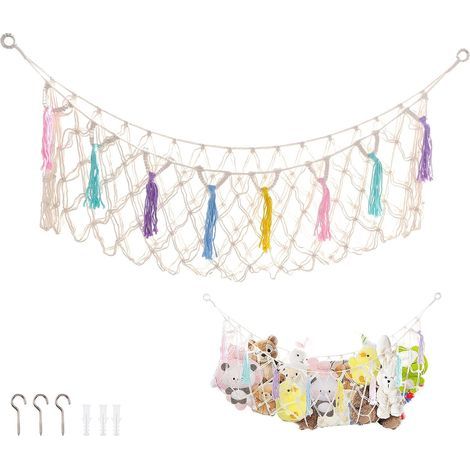 Filet de Rangement pour Peluches, hamac avec Suspension en Corde de Coton, capacité avec Crochets, pour doudous, Jouets, Chambre d'enfant, Chambre à Coucher (Multicolore)13035cm (1/5)