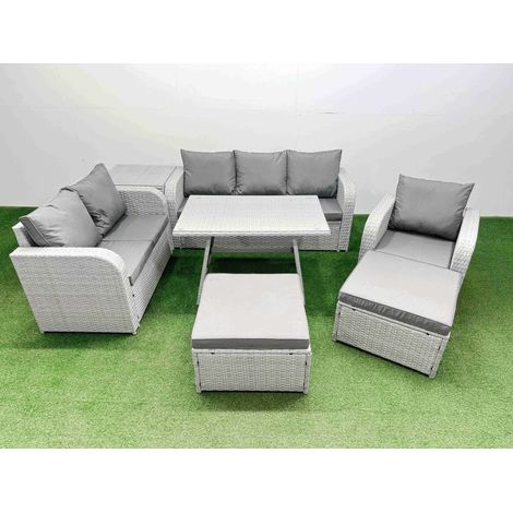 Fimous Rattan High Back Lounge Sofa Set Patio Dining Table & Chairs Set with 3 Seater Sofa Reclining Chair Side Table 2 Big Stool Light Grey (1/4)