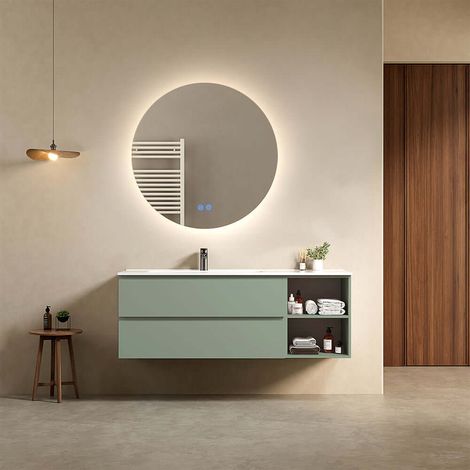 Mobile bagno sospeso 140 cm Verde Salvia Lavabo a Sinistra in Resina Specchio Tondo Retroilluminato - Fiji Paint Plus (1/4)
