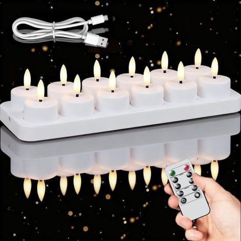 12 lampes chauffantes LED rechargeables avec base de chargement et câble USB, clignotantes, télécommande, minuterie, intensité réglable, blanc chaud. (1/5)