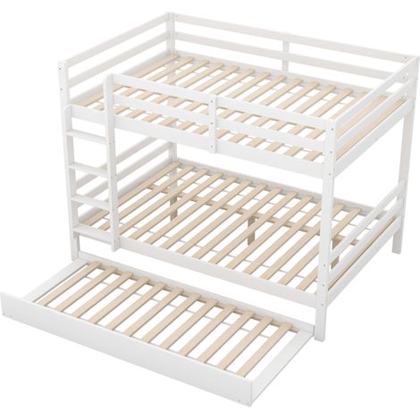 Lit superposé 140200cm pour enfants, avec lit gigogne, garde-corps hauts, escalier stable, blanc