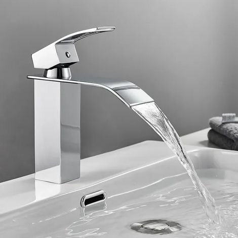 Mitigeur Lavabo Mono-trou Robinet Cascade pour Salle de Bain, Mélangeur Lave-mains à Levier Unique, Robinetterie Eau Chaude Froide, Cuivre Chromé (1/2)