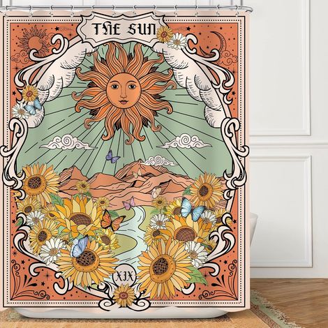 Rideau de Douche bohème avec Motifs du Tarot, en Tissu imperméable avec 12 Crochets en Plastique, décoration rétro, Motifs de Montagnes, Fleurs, Lune, Soleil et Papillons, Vert, 152,4 x 183 cm (1/5)