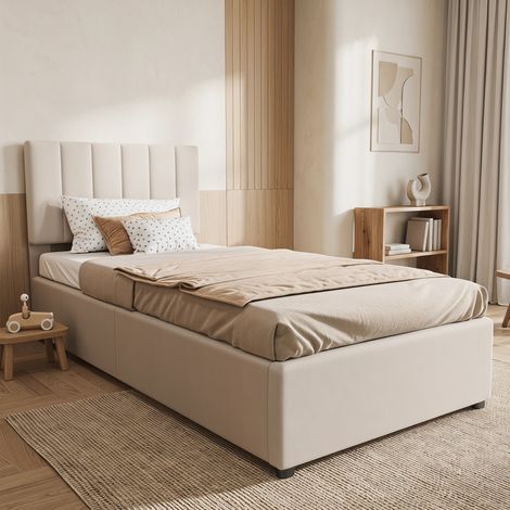 Lit Coffre Enfant 90x200cm, Lit simple rembourré 90x200cm , lit adulte avec sommier à lattes, lin, beige (Sans Matelas) (1/5)