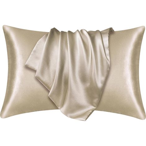2 Pièces Taie d'oreiller en Soie, 74×48cm Taie d'oreiller Soie, Doux Taie Oreiller, Confortable Silk Pillowcase (Champagne) (1/5)