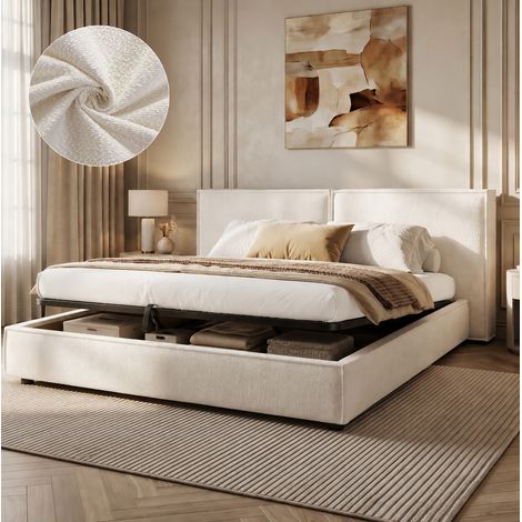 Letto matrimoniale 180x200 cm bianco in tessuto bouclé con vano contenitore idraulico e rete a doghe (1/5)
