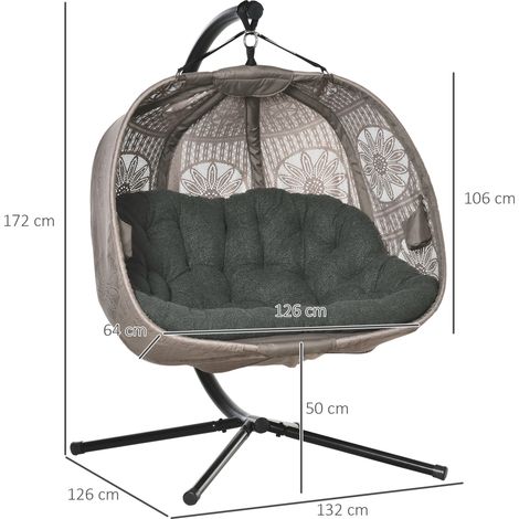 Fauteuil suspendu balancelle 2 places pliable, structure acier, coussin inclus, tissu tricoté motif floral, hamac panier pour jardin intérieur/extérieur (1/5)
