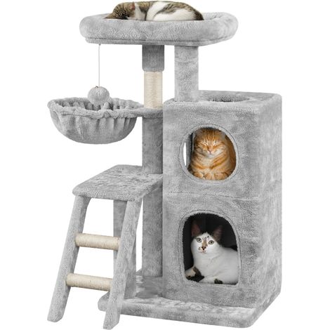 Yaheetech – Arbre à chat 94cm gris clair – Multiniveau avec niches et panier – Poteaux en sisal pour griffer – Accessoires inclus