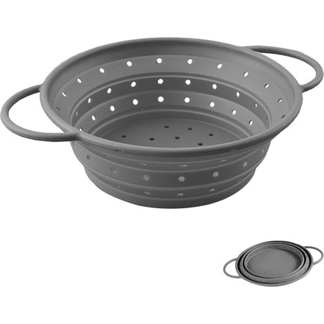 Zusammenklappbares Silikon-Küchensieb mit Griffen – Abtropfsieb für Nudeln, Gemüse, Obst und Bohnen – 22 cm – Grau