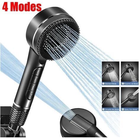 Soffione doccia manuale pressurizzato a 4 modalità con spazzole e filtro in silicone, tubo flessibile rinforzato, per il massimo comfort (nero) (1/3)