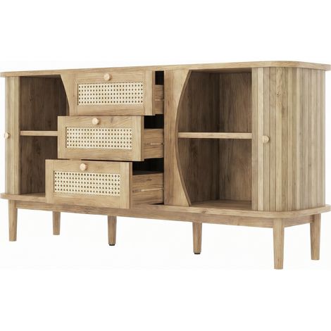 Sideboard mit Schiebetüren, Rattanschubladen und verstellbaren Einlegeböden, 140,5 cm (1/5)