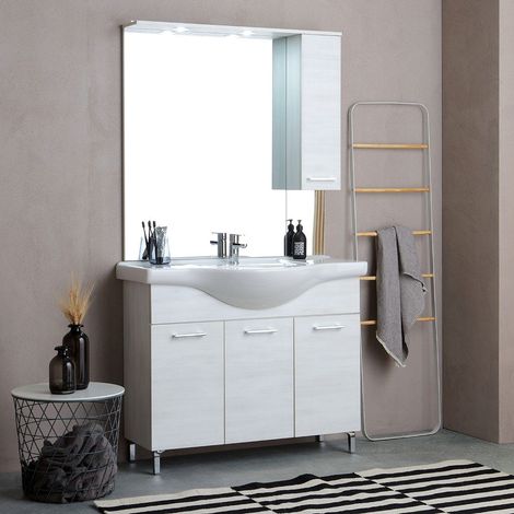 Kiamami Valentina – Meuble de salle de bains sur pied 105 cm – 3 portes – Lavabo céramique – Miroir avec unité murale – Chêne blanc effet bois (1/5)