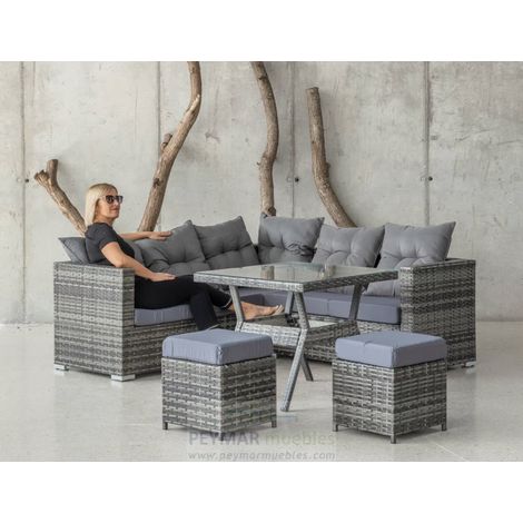 Conjunto sofá rinconera 5 plazas + 2 taburetes +mesa en huitex color gris, Marau. (1/2)