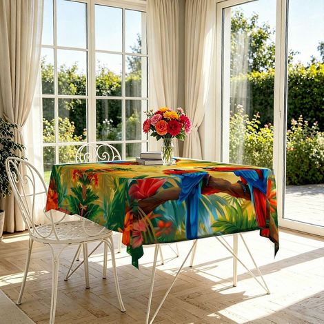 Nappe rectangulaire à imprimé perroquet et fleurs éclatant (1 pièce), nappe de table à thème garden-party, nappe anti-rétrécissement pour fêtes tropicales (1/4)