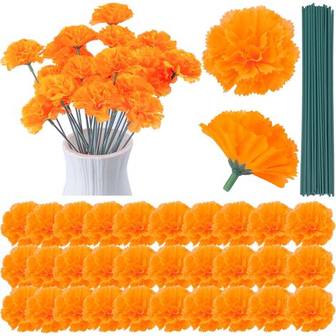 Lot de 30 fleurs de calendula artificielles en soie orange avec tiges en fer pour décoration de Diwali, fête d'Halloween, guirlande de fête des morts, décoration de mariage (1/5)