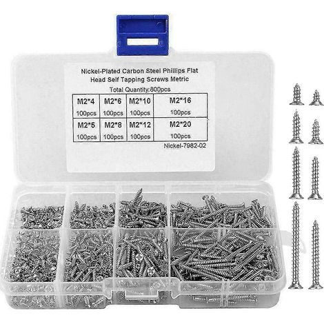 800pcs M2 Vis autotaraudeuses Assortiment Set -tête Vis à tête plate Vis à tête fraisée Vis pour Plas (1/5)