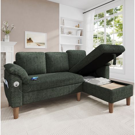 Divano angolare a L 3 posti con chaise longue reversibile, USB/Type-C, ciniglia verde (1/5)