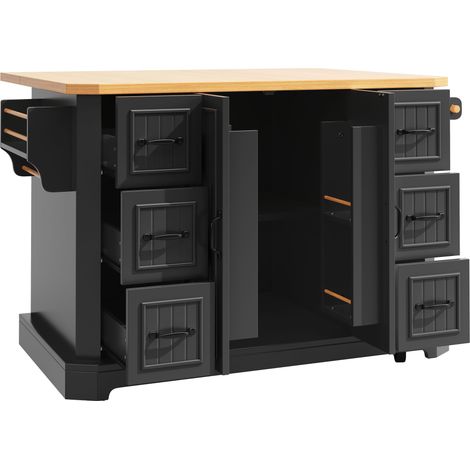 ELVMI Küchenwagen mit 2 Türen und 6 Schubladen, auf Rollen, für Küche, aus MDF und Metall, Schwarz, 120×45×91 cm (1/5)