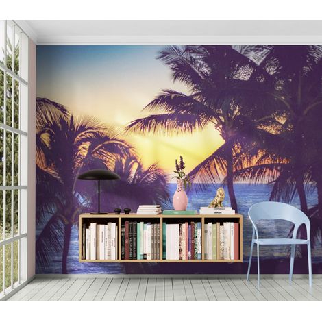 Papier Peint Plage Tropicale - Palmiers au Soleil Couchant - 500 x 270 cm (1/2)