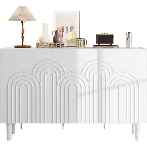 Buffet 12038,579cm, meuble de salon avec 3 portes, grand espace de rangement, commode pour chambre et salon, armoire à cloisons réglables, blanc, MDF, avec pieds de 16 cm (1/5)