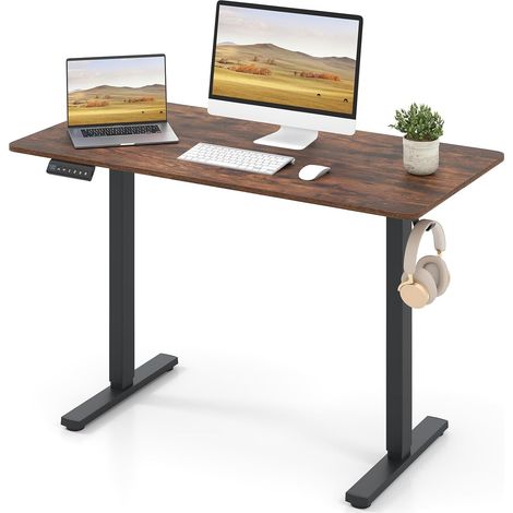 COSTWAY Scrivania Elettrica Ergonomica 120 x 60 cm, 3 Memorie di Altezza, Protezione Anti-Collisione e Gancio per Cuffie, Scrivania Regolabile in Altezza per Ufficio e Casa (Marrone) (1/5)