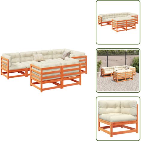 7-tlg. Garten-Sofagarnitur mit Kissen Wachsbraun Kiefernholz - Gartengestell - Gartenlounge - Esszimmergarnitur - Gartenmöbelset - Rattan Möbel (1/5)