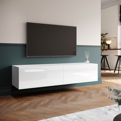 ELEGANT 1400mm Floating TV Unit, Wall Mounted TV Cabinet High Gloss White Soft Close