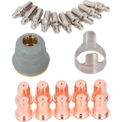 Lot de 22 accessoires torche plasma PT60 : 10 électrodes, 10 buses, 1 capuchon protection, 1 guide distance, en laiton (1/5)