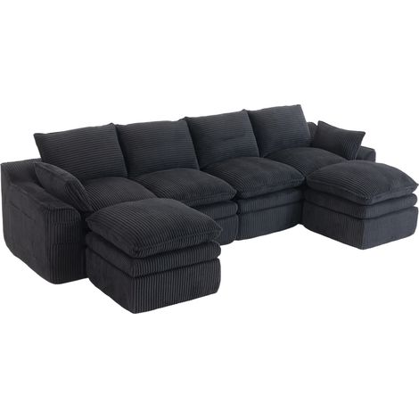 Divano modulare 4 posti in velluto a coste nero con 2 pouf, cuscini e tasche laterali (1/5)