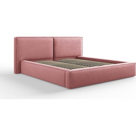 Lit coffre + tête de lit double 180x200 en tissu structurel rose (1/4)