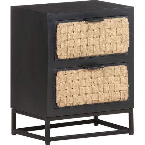 Mesita de noche con dos cajones 40 x 30 x 50 cm madera mango negro yute y hierro DEC032933