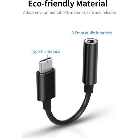 Adaptateur USB-C vers prise jack audio auxiliaire 3,5 mm (USB-C mâle vers USB-C femelle) - Compatible Huawei, Xiaomi et Samsung (noir) (1/5)