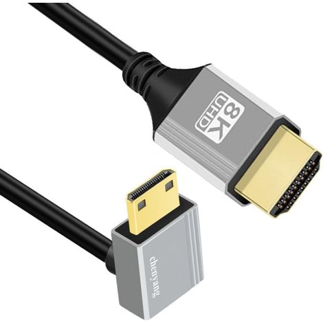Câble HDMI 2.1, connecteur HDMI vers connecteur Mini HDMI 90 degrés vers le bas 8K@60Hz 4K@120Hz 48 Gbps Câble ultra-haute vitesse plaqué or 1,64 pieds/0,5m pour téléviseur, moniteur (1/5)