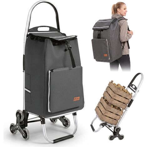 Sekey chariot de courses multifonction 4 en 1 pliable, 50 L, avec sac isotherme, sac à dos amovible et roues monte-escalier, gris