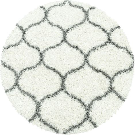 Tapis Rond Shaggy Poils Longs Motifs Alhambra SALMA (Blanc - 160x160cm) (1/5)