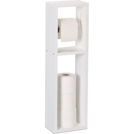 Relaxdays Toilet Paper Holder, Wall-Mounted or Freestanding, Walnut, Spare Roll Stand, HxWxD: 70 x 20 x 13 cm, White (1/5)