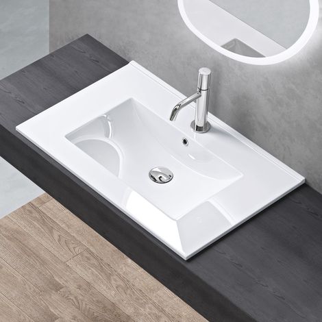 doporro Lavabo de Baño Rectangular Empotrado de Cerámica, 70cm, Blanco Brillante, con Desbordamiento y Orificio para Grifo Brüssel912