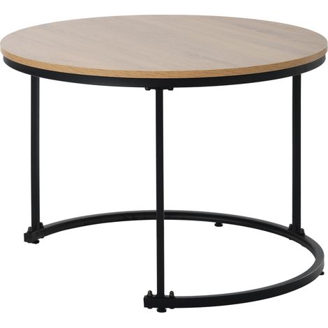 Table basse ronde 2 pièces en MDF aspect bois avec cadre en métal, design empilable (1/5)